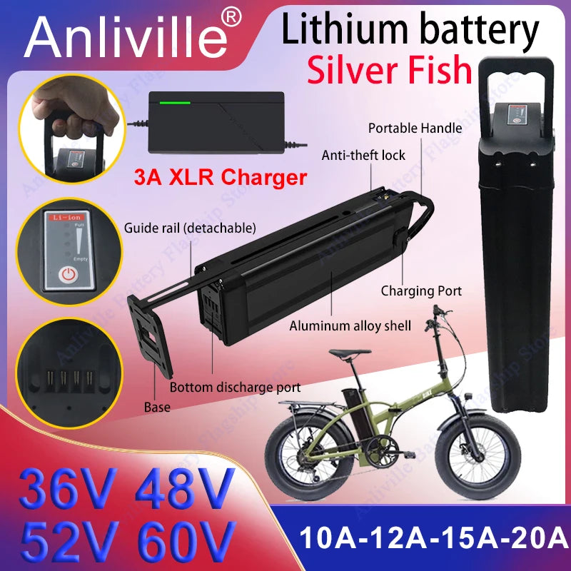 Silver Fish 36V/48V/52V/60V 10Ah 12Ah 15Ah 20A Removable Lithium Battery Pack Built-in BMS for 250W-1800W Folding E-two Wheeler