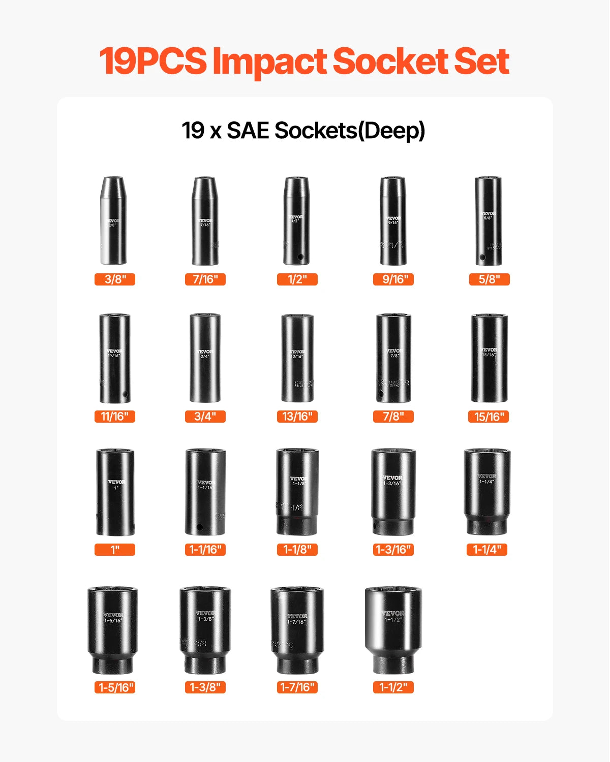 SucceBuy 19 Impact Socket Set 1/2" Impact Sockets Deep Socket 6-Point Sockets 1/2 Inches Drive Socket Impact 3/8 inch 1-1/2 inch