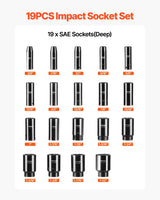 SucceBuy 19 Impact Socket Set 1/2" Impact Sockets Deep Socket 6-Point Sockets 1/2 Inches Drive Socket Impact 3/8 inch 1-1/2 inch