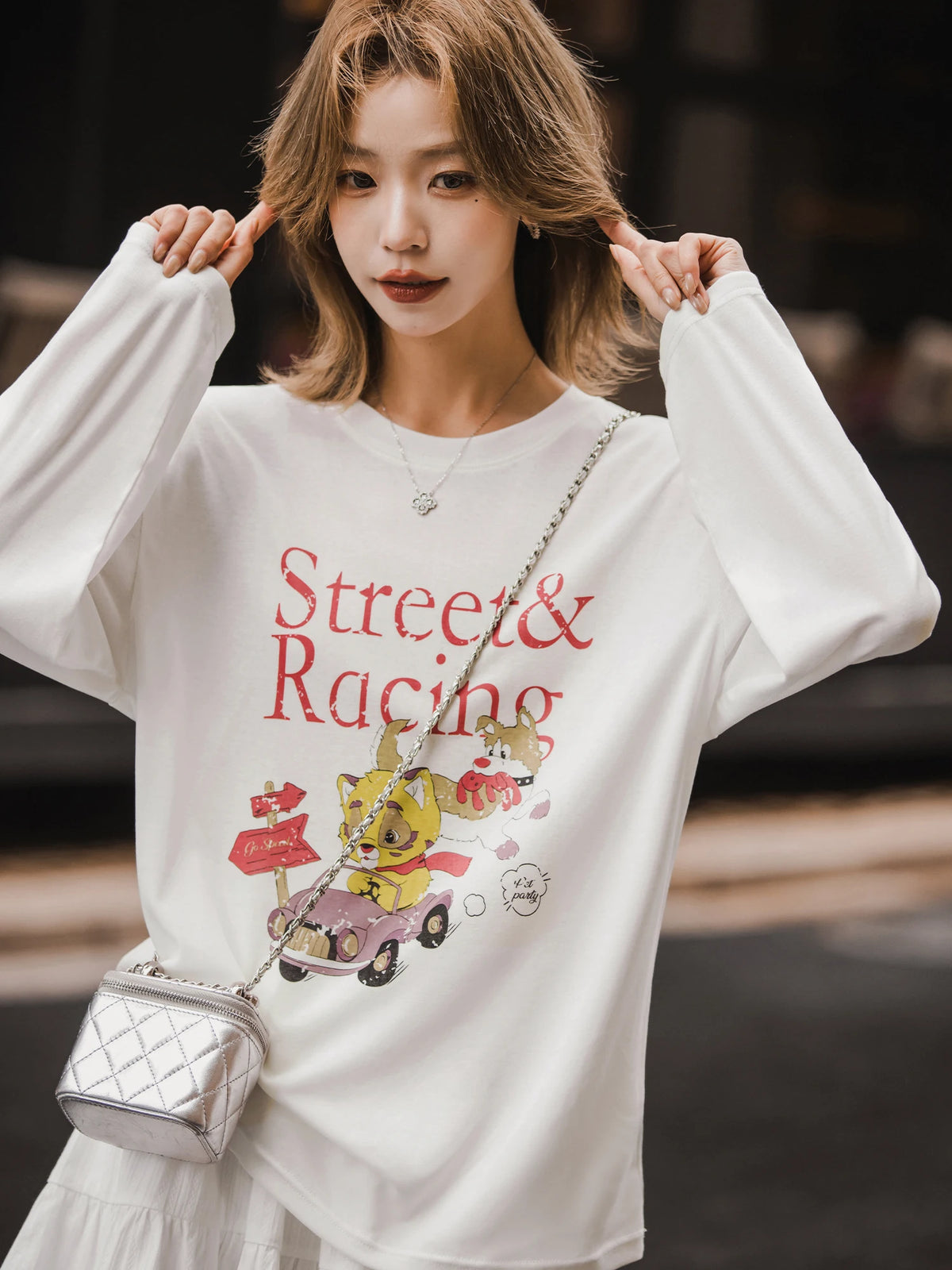 XIAOGULI Lyocell Cotton Long Sleeve T-Shirt Women Autumn New Breathable Cartoon Printed Tees White Versatile Layering Top
