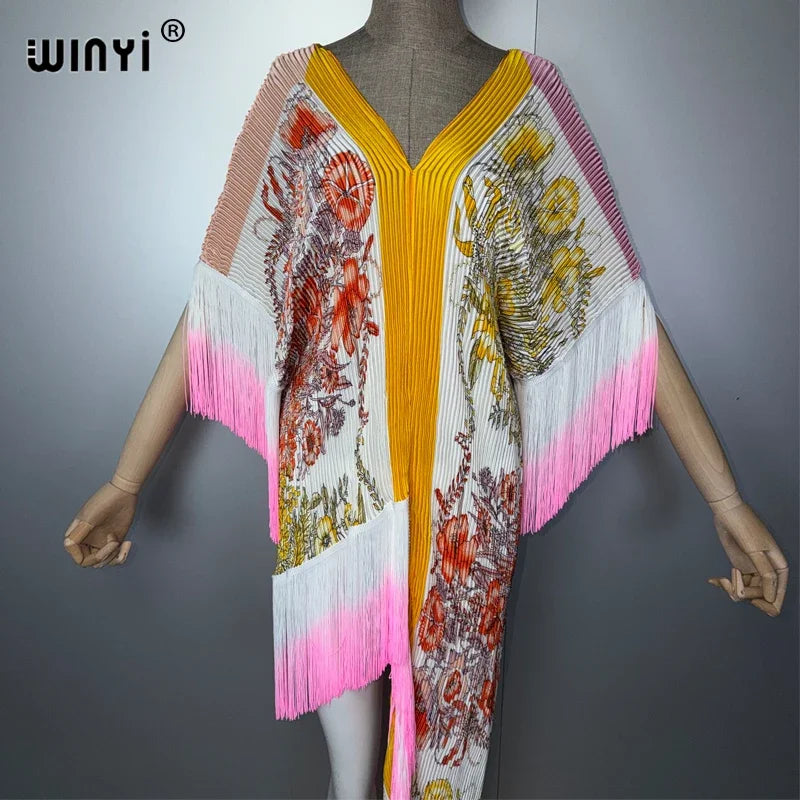 WINYI Women's Boho Maxi Kaftan Dress Africa Style Elegant Pleated Beach Cover-Up Elastic Luxury Party Evening Dubai Abaya