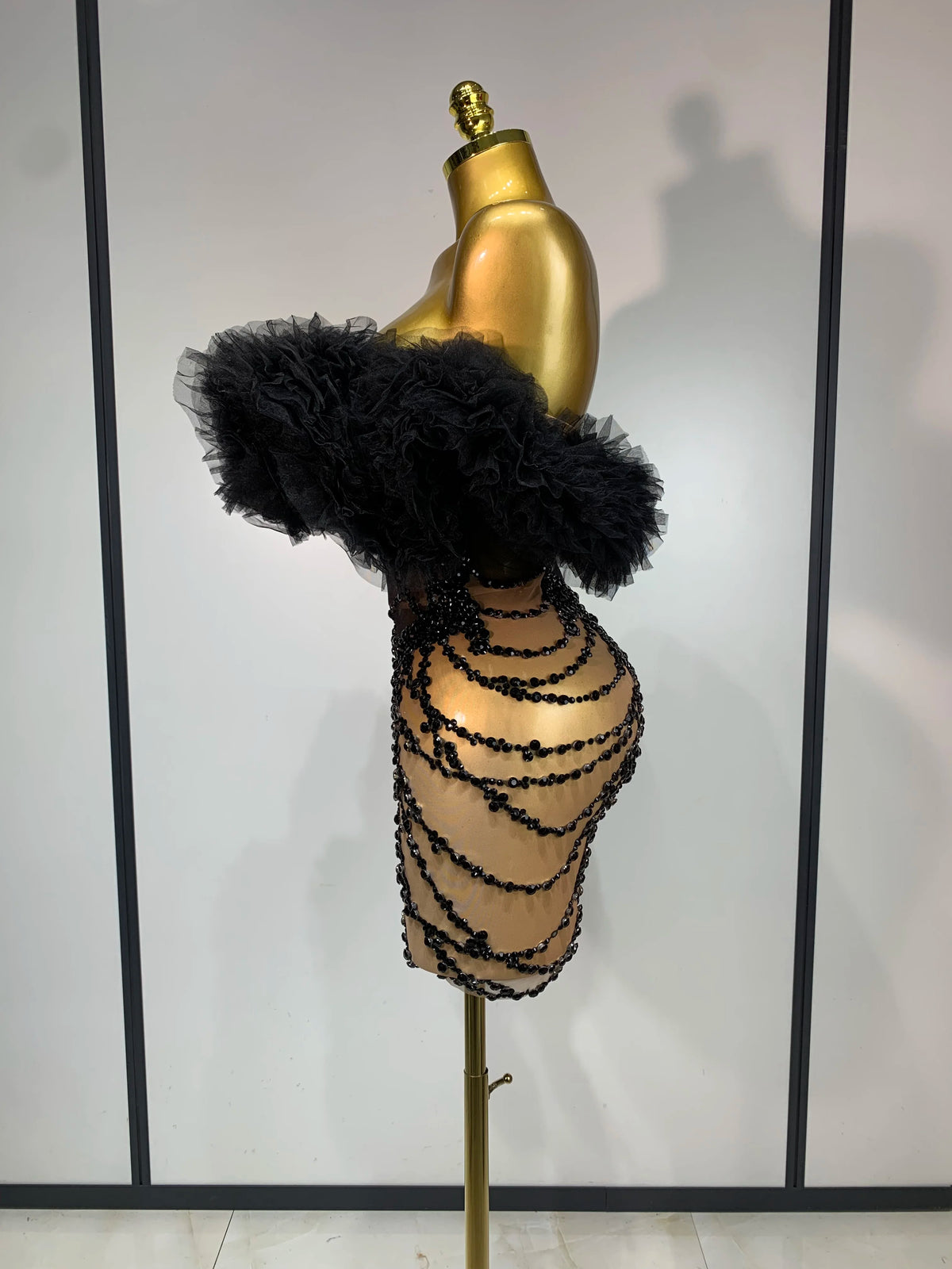 Women Sexy Strapless Backless Black Diamond Mini Dress Evening Party Birthday Costume Nightclub Singer Stage Performance Costume