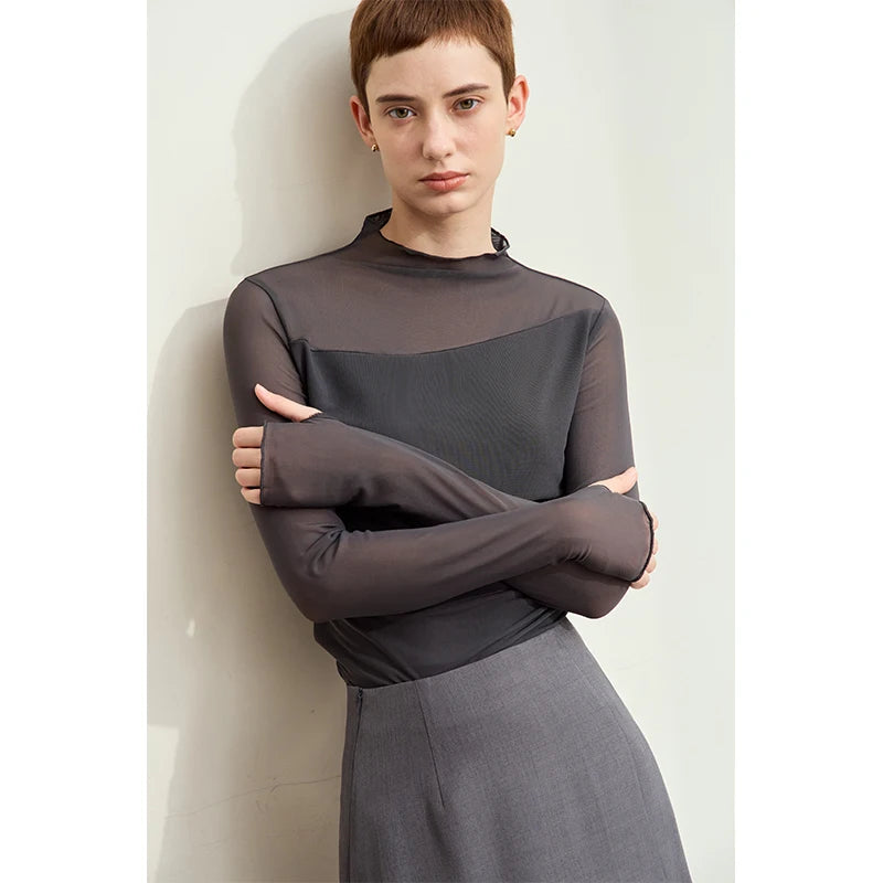 Amii Minimalism Mesh T-shirts For Women 2026 Autumn New Office Lady Half-high Neck Micro Perspective Slim Retro Shirt 12423055