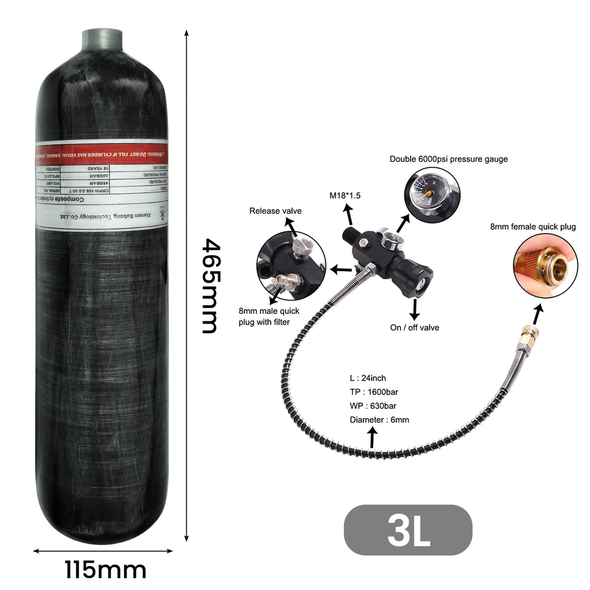 TUXING 4500Psi 300Bar 3L Carbon Fiber Cylinder High Pressure Tank Charging Regulator Fill Station Dual Gauge Valve M18*1.5