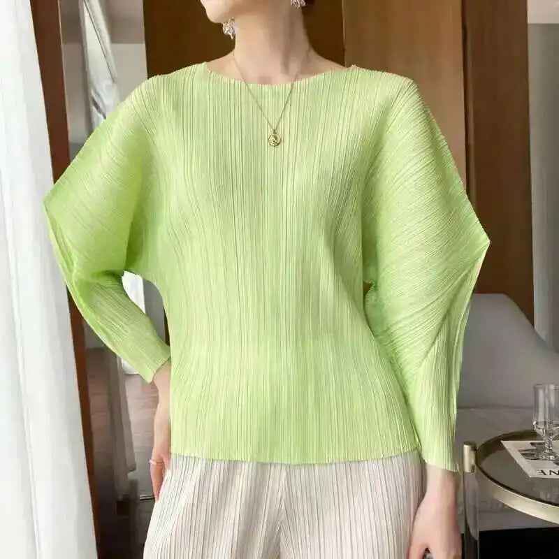 YUDX Pleated Round Collar T Shirt Women Full Sleeve Solid Color Versatile New 2025 Pullover Temperament Female Tops