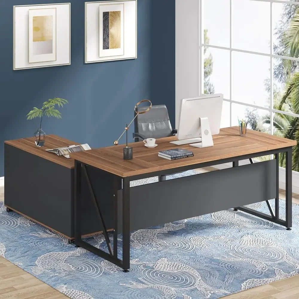 L-Shaped Executive Desk with Storage, 63 and 47, Brown and Black Office Furniture