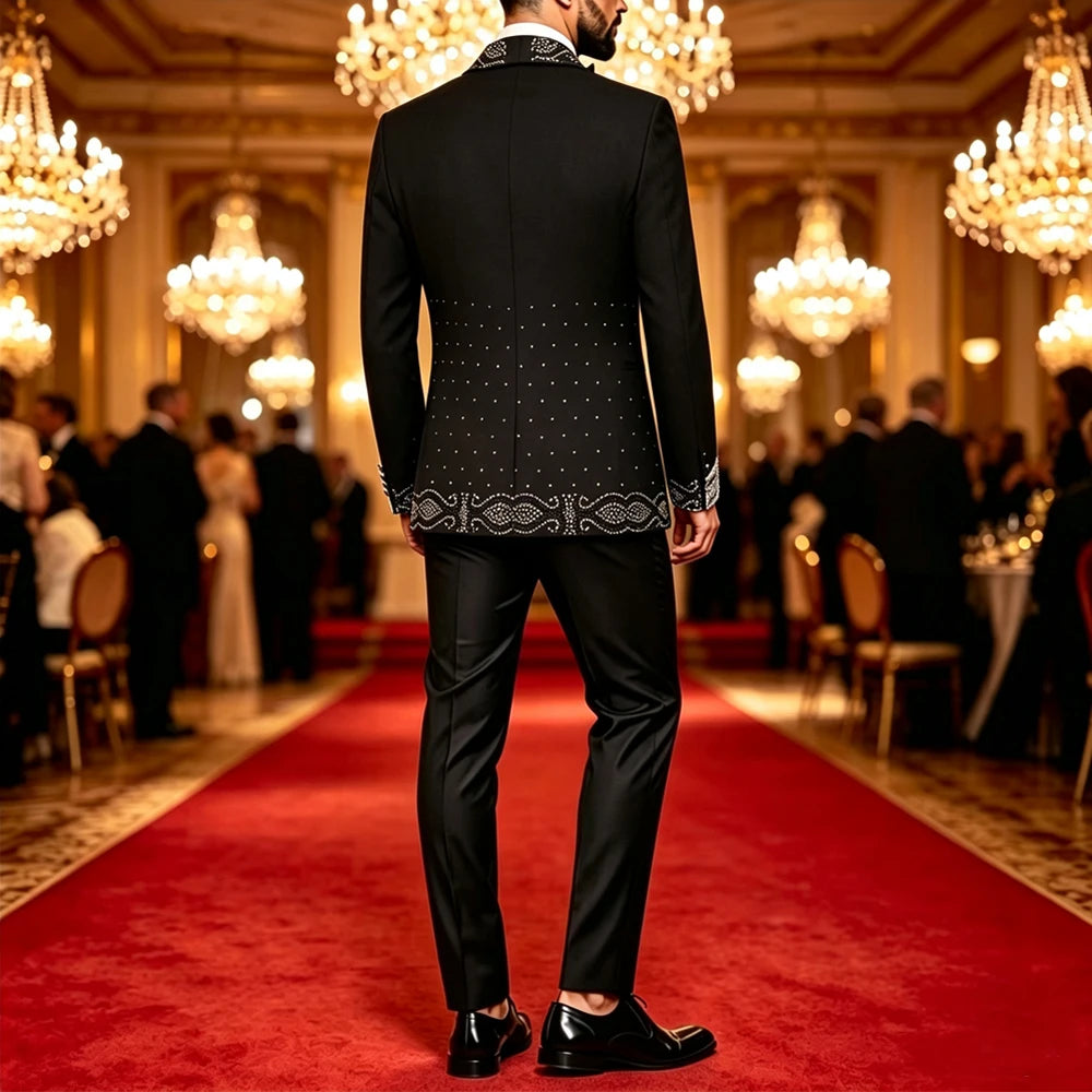 Men Black Double Breasted Tuxedo Suit 2 Pieces Silver Embroidery Rhinestone Shawl Lapel Slim Fit Jacket Pants Set Wedding Groom Blazer For Party Prom