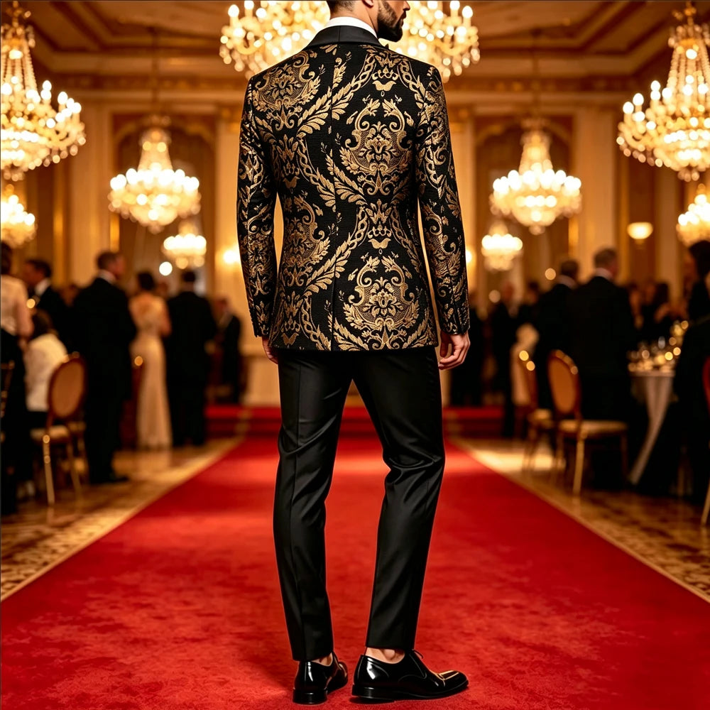Men Black Gold Floral Jacquard Blazer Black Satin Shawl Lapel Slim Fit Jacket Wedding Groom Tuxedo For Party Prom