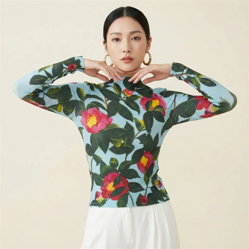 LANMREM Flower Printting Pleated Women's T-shirt High Elastic Slimming Design Stand Collar Long Sleeve Pullover Tops 2DB6574