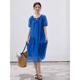 VIMLY Summer Women's Klein Blue Dress 2026 New Short Sleeve A-Line French Tie Waist Puff Sleeve Midi Dresses A5229