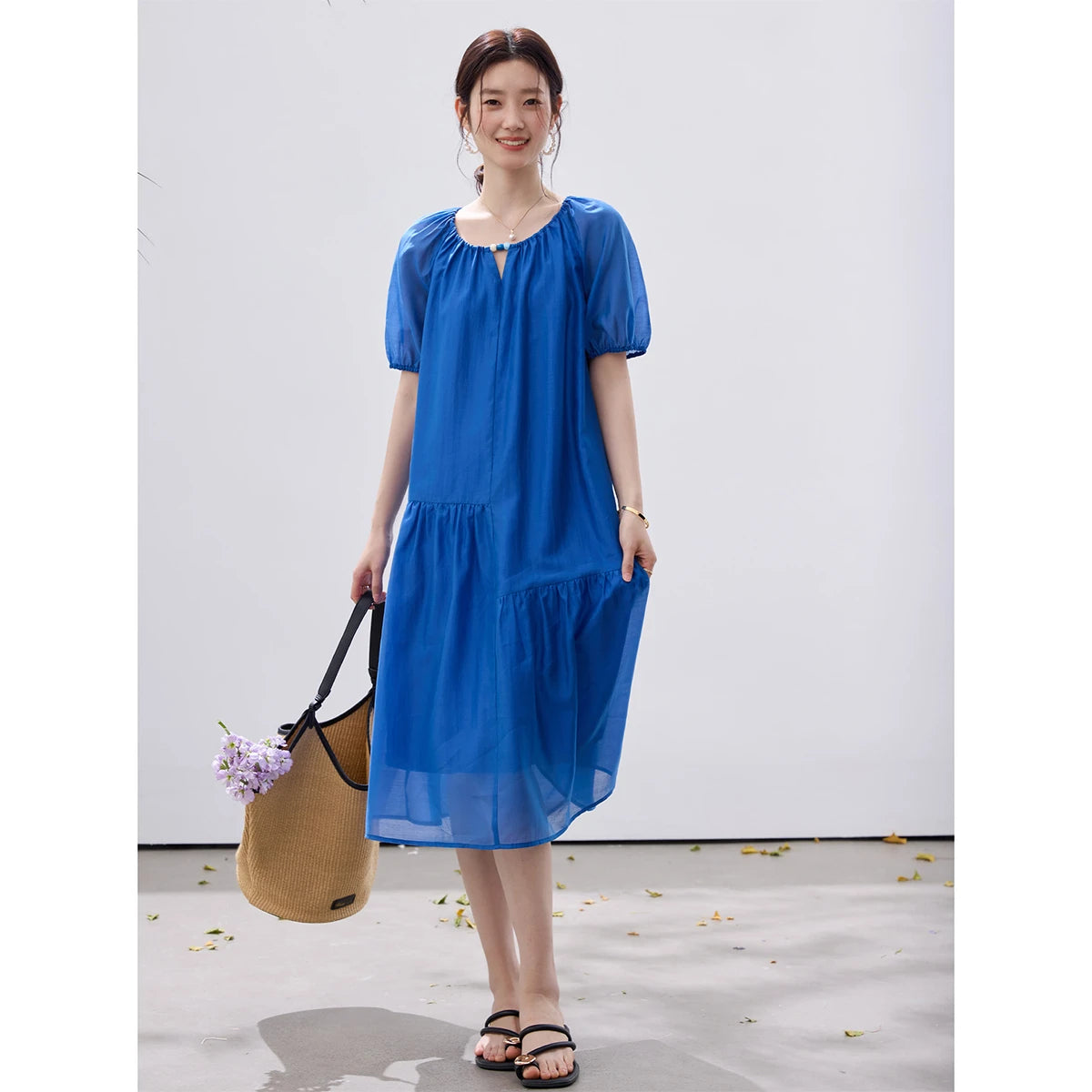 VIMLY Summer Women's Klein Blue Dress 2026 New Short Sleeve A-Line French Tie Waist Puff Sleeve Midi Dresses A5229