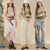 ELFSACK Women's Oriental Asymmetrical T-shirt with Floral Polka Dot Print, Lightweight Long Sleeve Patchwork Tee for Summer
