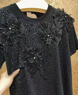Luxury Beading Flowers Sequined Cotton T-shirt for Women New Trend 2025 Summer O Neck Short Sleeve Black Tops Tees T Shirt Femme