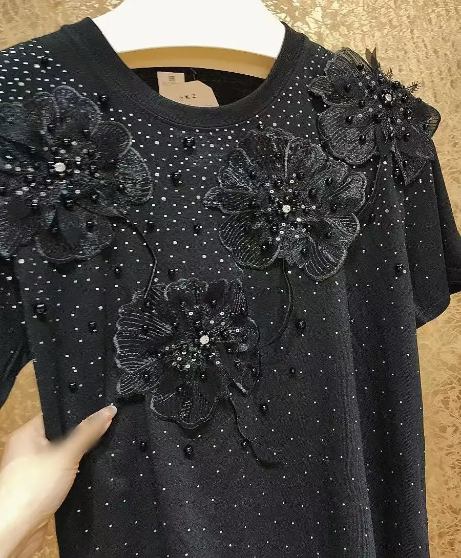 Luxury Beading Flowers Sequined Cotton T-shirt for Women New Trend 2025 Summer O Neck Short Sleeve Black Tops Tees T Shirt Femme