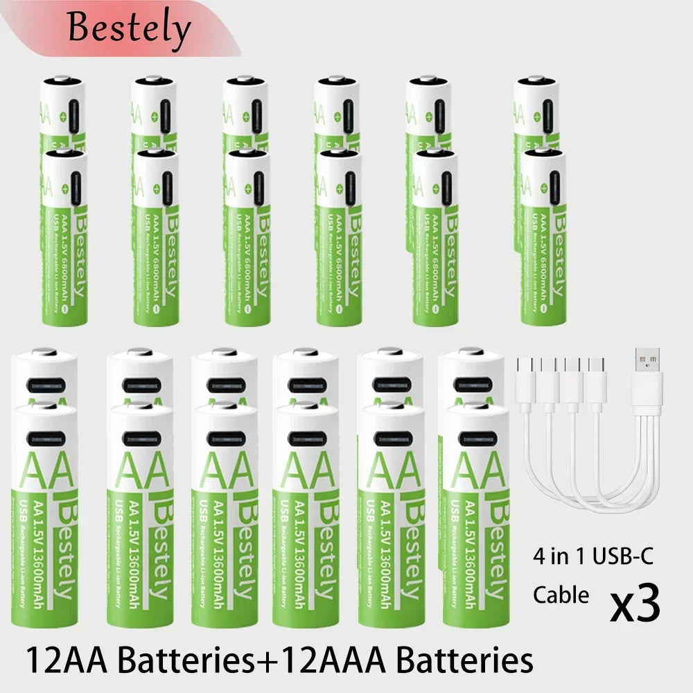 BaKKiter 1.5V AAA 6800mAh/ AA 13600mAh Rechargeable Lithium-ion Batteries Fast Charging Li-ion Battery 2000 Cycles /USB-C Cables