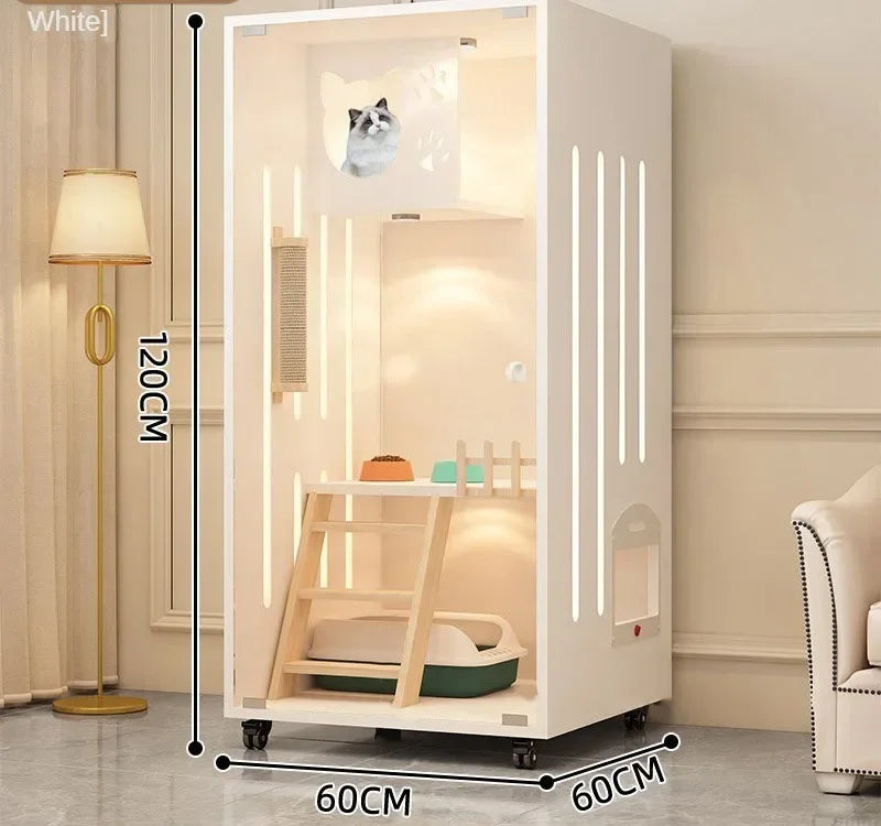 Premium Cream Style Pet Shop Cat Cage Density Board Cat House Double Layer Large Space Glass Door Light
