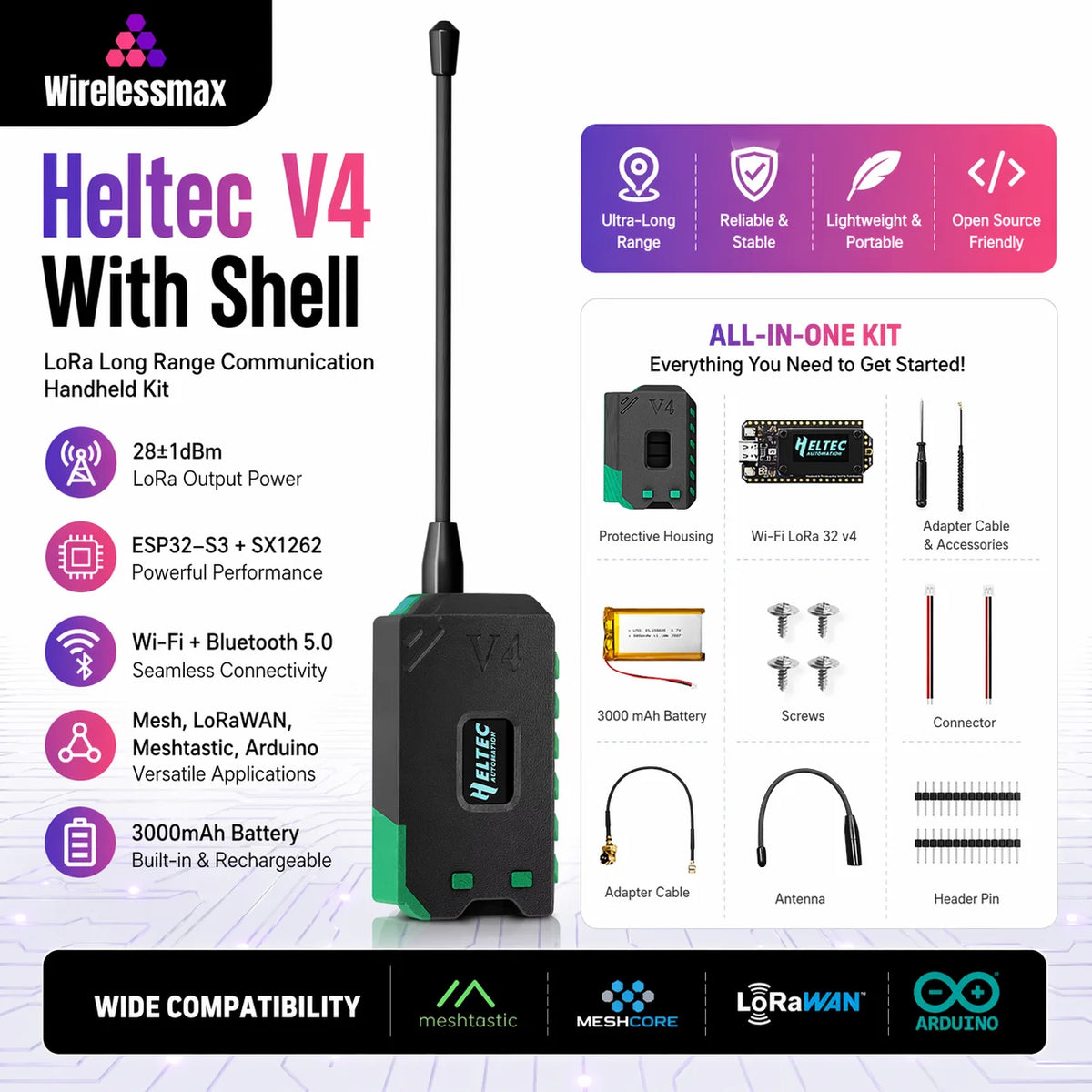 1/2 Set Heltec V4 With 3000mah Battery ESP32 LoRa 32 V4 Kit ESP32-S3 SX1262 27dBm OLED Display for Meshtastic WiFi IoT Arduino