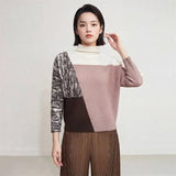 LANMREM Spring Autumn New Women's Pleated T-shirt High Collar Colorblock Long Sleeve Pullover Tops Simple Versatile Elastic Tee