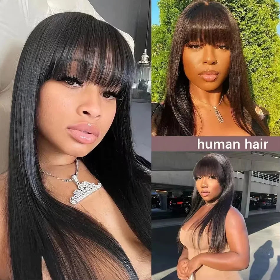 Natural Black Straight Human Hair Wig With Bangs For Women 30 34 Inch Brazilian 3x1 Lace Wigs Full Machine Made Wig