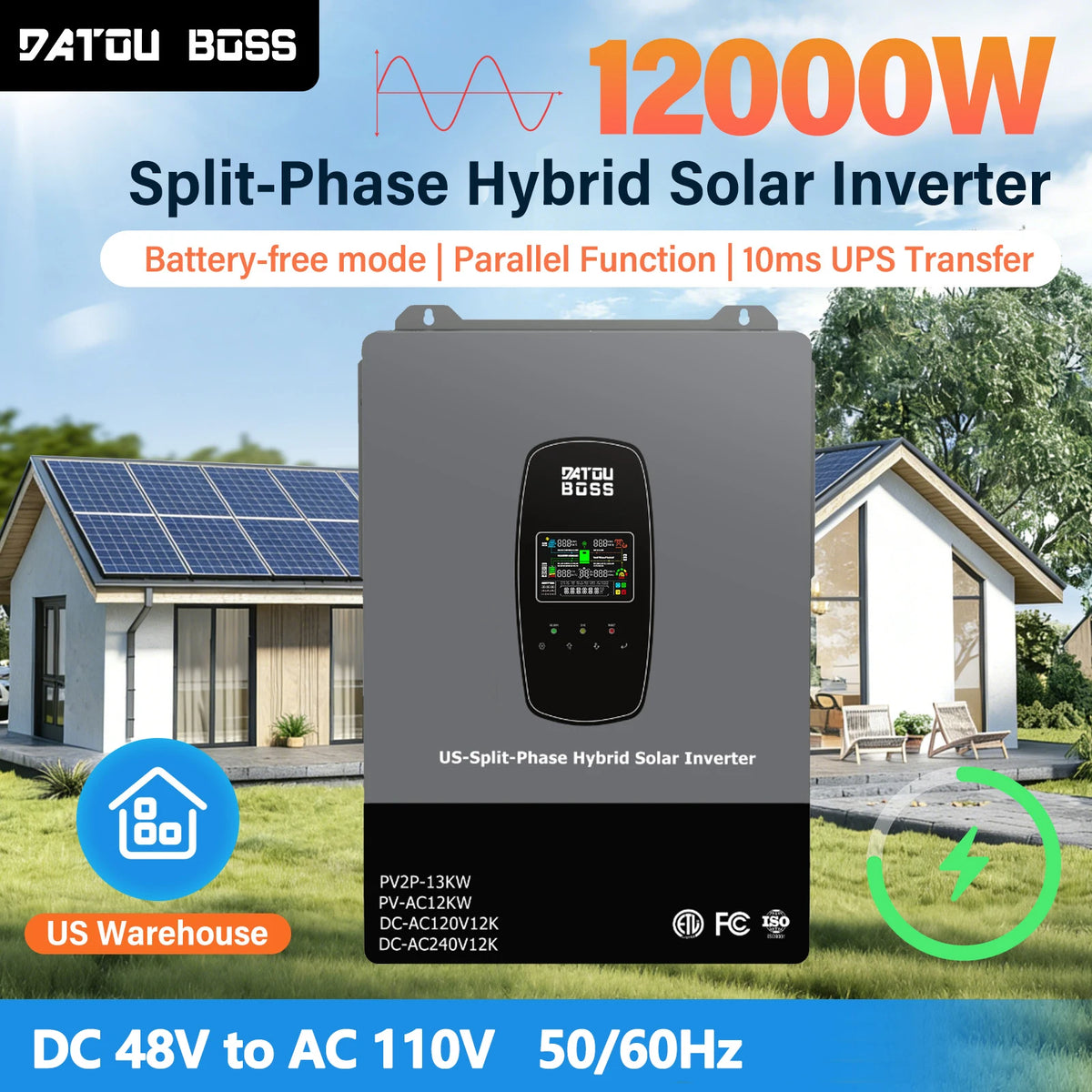 DATOUBOSS 12KW Solar Hybrid Split-Phase Inverter US Standard 240V Battery-Free Mode UPS Uninterruptible Power Supply Off-Grid