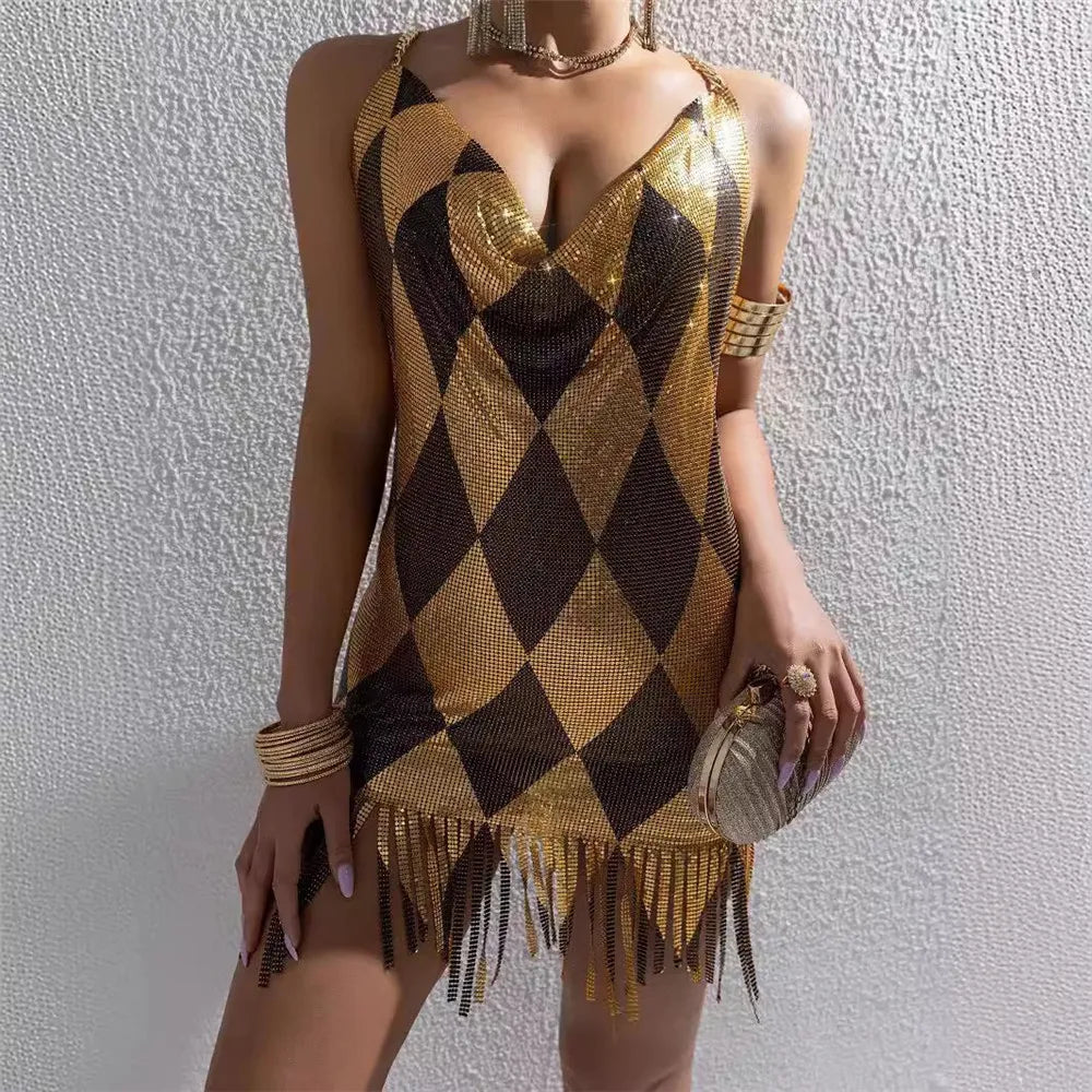 Halloween Women Metal Sequins Dress Sexy Backless Tassel V Neck Sleeveless Mini Dress Rave Festival Party Evening Dresses