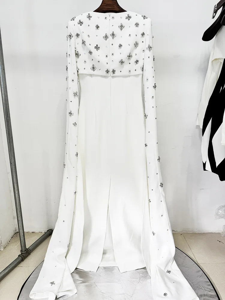 HIGH STREET Newest 2026 Designer Vestido Women's Diamonds Beaded Cape Sleeve Floor Length Maxi Long Dress