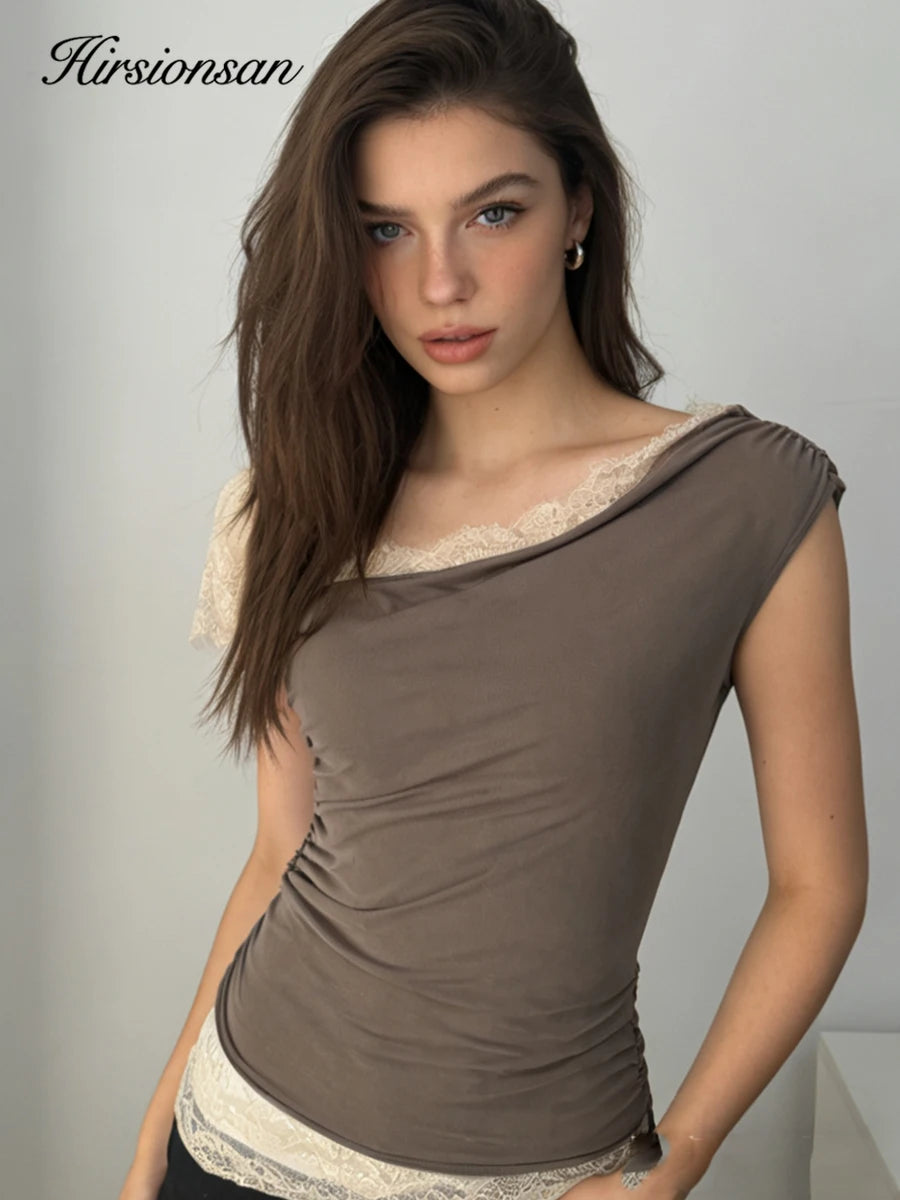 Hirsionsan Lace Patchwork Vintage Elegant T Shirt Streetwear Aesthetic Chic T Shirt Women Casual Modal Short Sleeve Tops Y2k