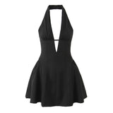 Sexy White Black Pleated Ruched Halter Dress Women Deep V Neck Slim Low Waist Swing Ball Gown Short Dresses Robe Femme Vestidos
