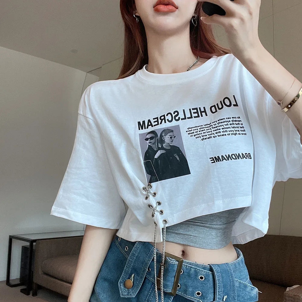 Summer New Letter Print T-shirt Women's Loose Open Navel Short Sleeve Hot Girls Crop Top Street Chic Female Chain Retro Tees Y2k