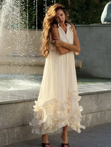 Women Solid Cloak Long Dresses Fashion Stand Neck Lace Sleeveless Ruffle Irregular Hem Dress 2025 New Summer Street Lady Gown