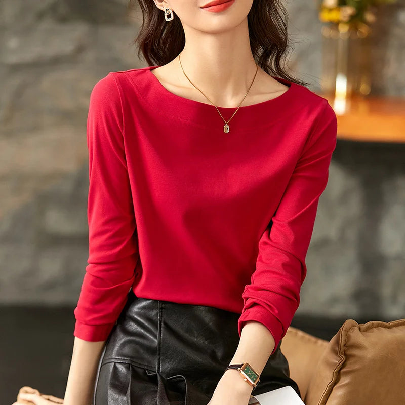 SENTUBILA Women's Cotton T-shirts 2026 Spring Autumn Simlple Long Sleeve Top Solid Basic Tee Shirts Female Pullovers 143T57728X
