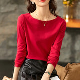 SENTUBILA Women's Cotton T-shirts 2026 Spring Autumn Simlple Long Sleeve Top Solid Basic Tee Shirts Female Pullovers 143T57728X