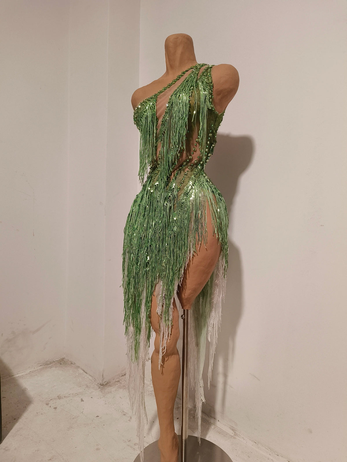 Women Sparkly Rhinestones Tassel Green One Shoulder Sexy See-Through Dress Latin Dance Outfits Bar Nightclub Party Stage Costume
