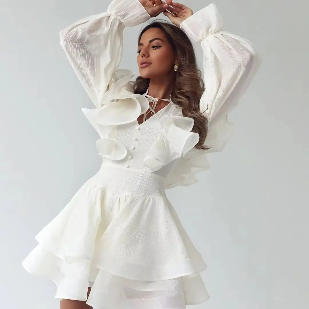 Ruffle Women Dress V Neck Waist Tie Dress Puff Sleeve Mini Dresses Layered Ruffle Hem Waist Cinching Figure Flattering