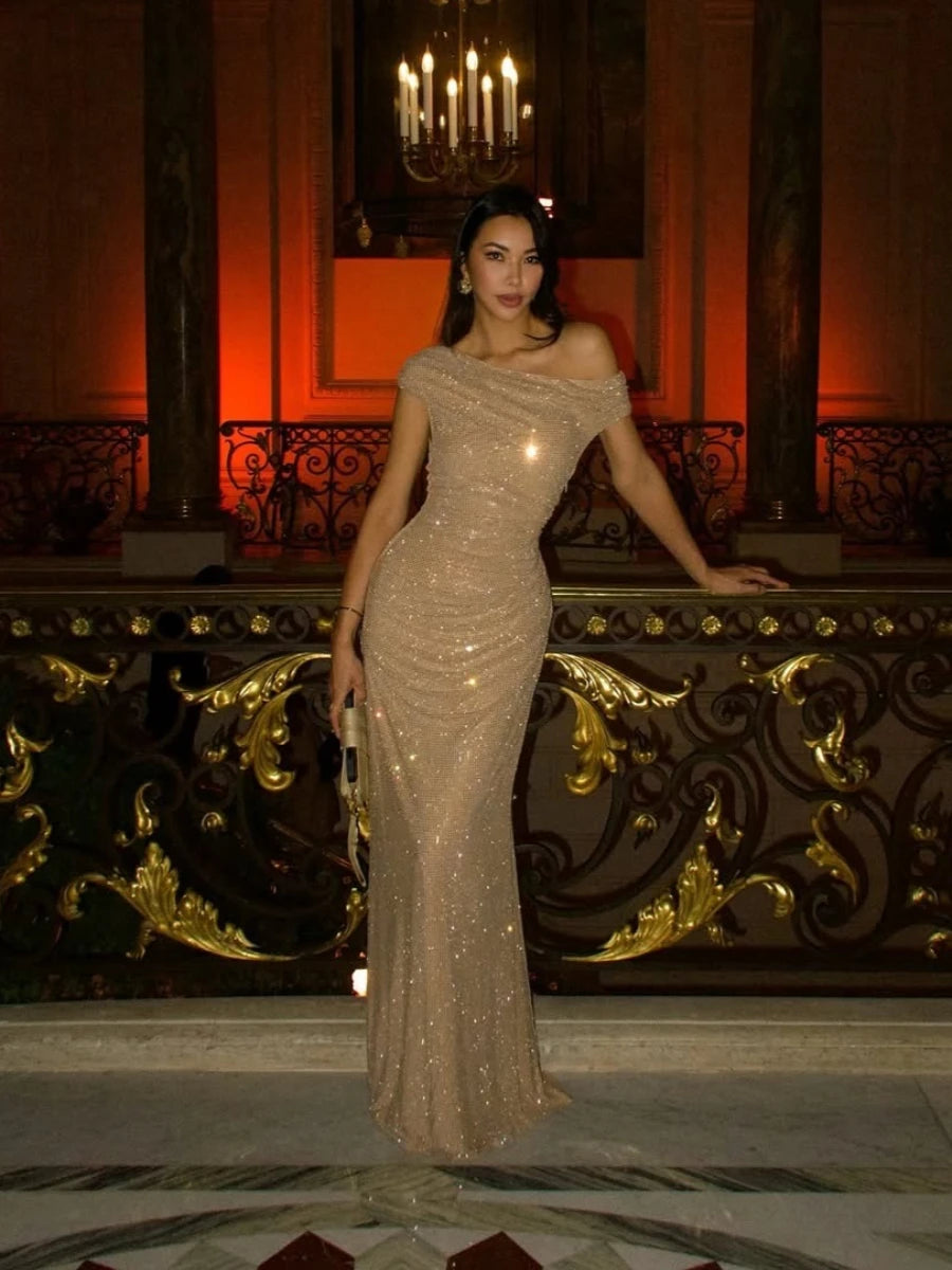 Mingmingxi Shiny Sequin Bodycon Maxi Dress One Shoulder Asymmetric Dress Luxury Draped Waist Formal Event Night Out Dress