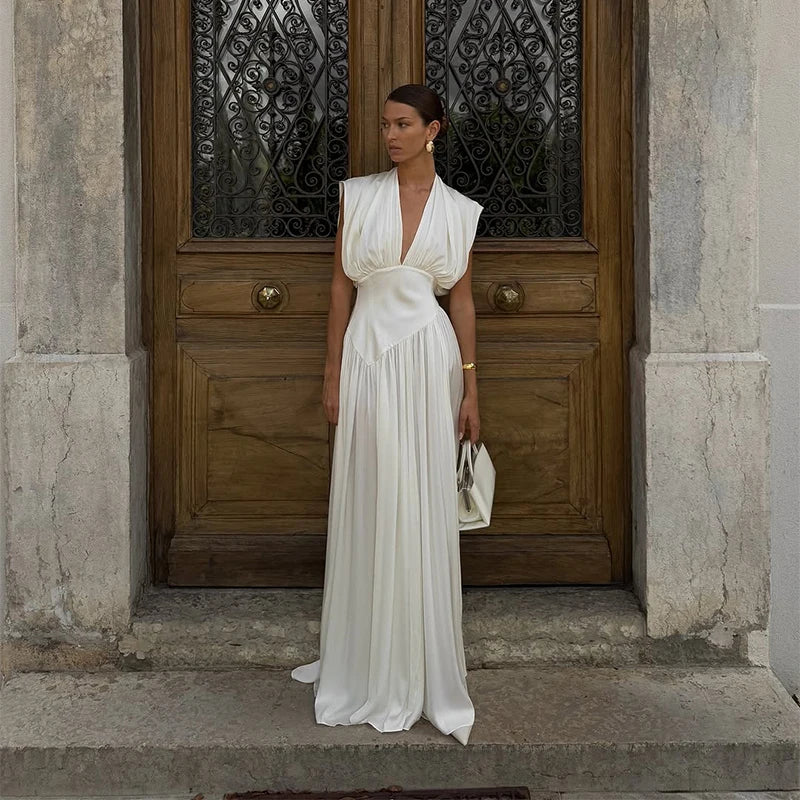 White Dresses Woman V-Neck Waist Cinching Slit Sleeveless Pleated Vacation Maxi Robes Elegant Fashion Women's New Long Dress