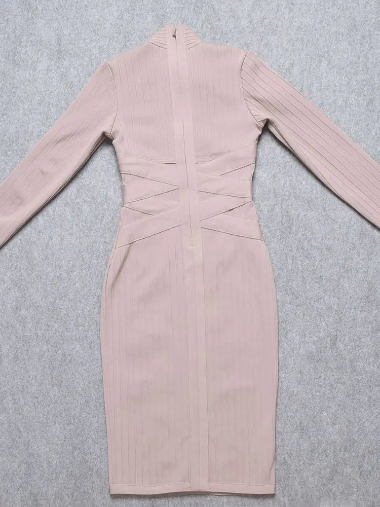 BEAUKEY Sexy Red Bandage Dress 2023 Nude Turtleneck Long Sleeves Office Bodycon Dress Cross Criss Women Midi Vestidos Maxi XL