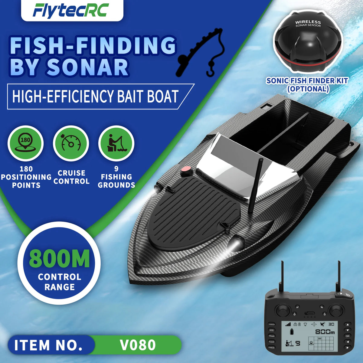 Flytec V080 GPS Carp Fishing Bait Boat 800M 180 Points 12V High Speed RC Bait Boat With Sonar Fish Finder