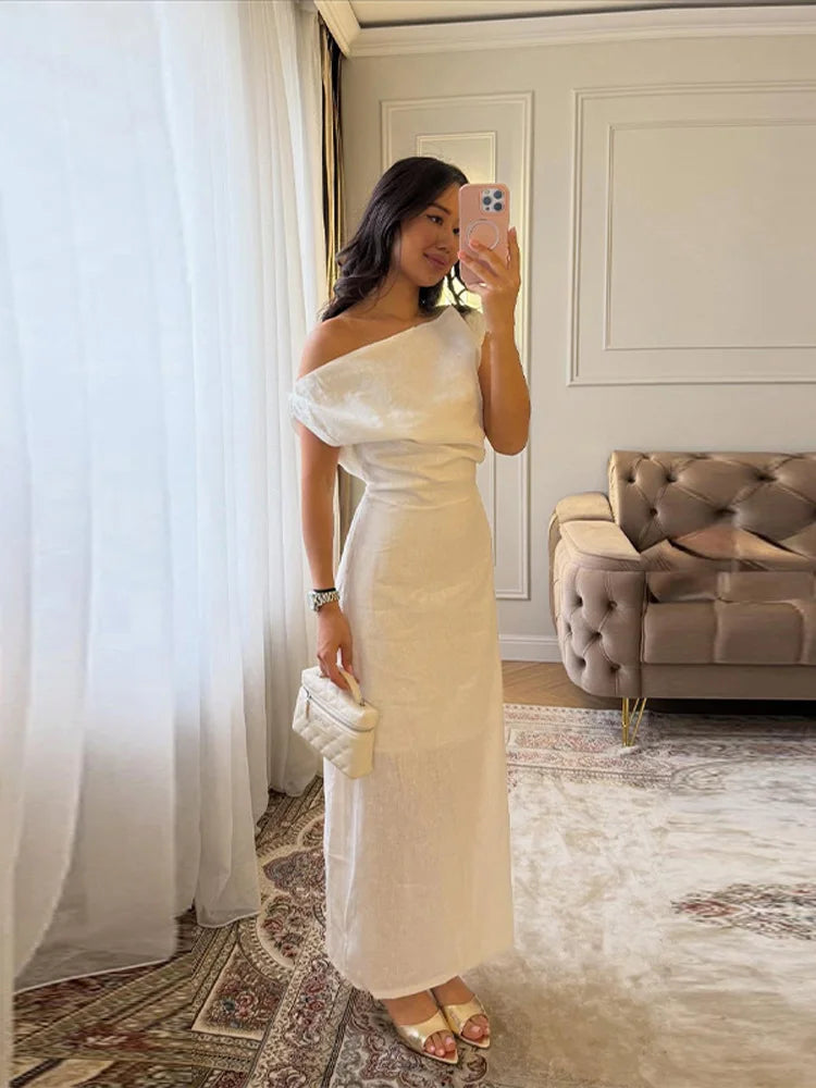 Off-shoulder Linen Maxi Dresses Women's Slim Waist-cinching Hip-wrap Ankle-length Dress 2026 New Ladies Summer Solid Outwear