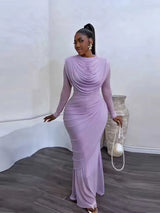 Chic and Elegant Women's Evening Dress Mesh Draped Collar Long Sleeve Bodycon Mid Dress Slim High Waisted Sexy Ladies Dress