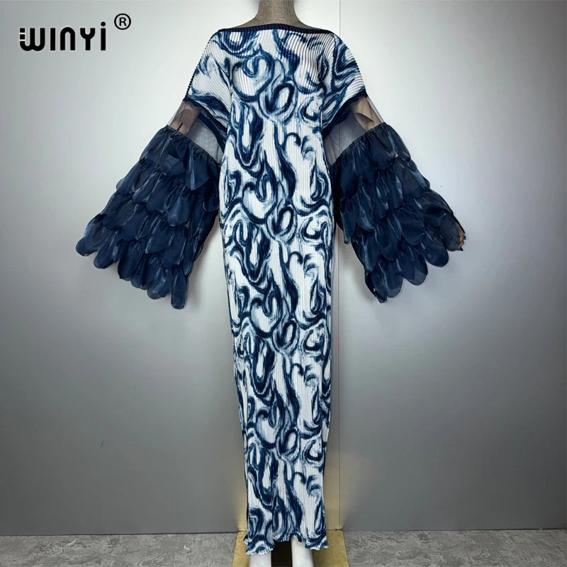 WINYI Elastic Slim Pleated Dress Beach Wear Holiday Kaftan Abaya Dubai Luxury Party Dress Long Down Muslim Woman Evening Dress