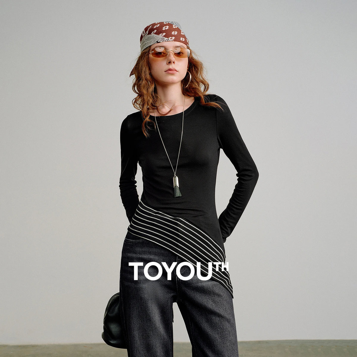 TOYOUTH Women Wool Blend T-Shirts 2026 Spring New Black Slim Fit Striped Asymmetric Hem Blouses