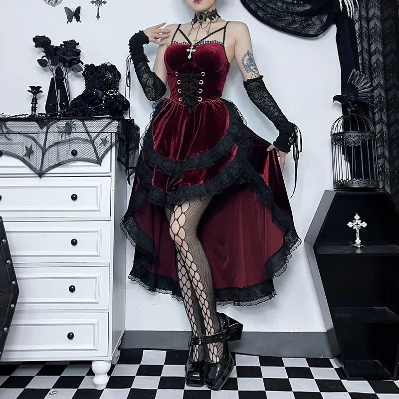 Gothic Low Swing Cocktail Party Dress Women's Vintage Goth Lace Smocked Elastic Waist Pleated Flowy Bodycon Dresses