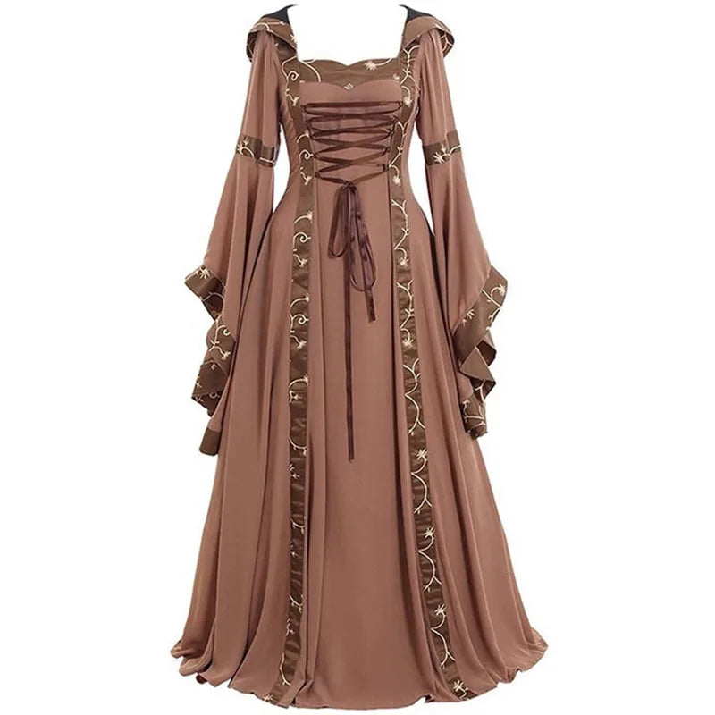 Vintage Medieval Maxi Dress for Women Gothic Bandage Flare Sleeve Floor Length Dress Lady Elegant High Waist Square Neck Dresses