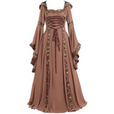Vintage Medieval Maxi Dress for Women Gothic Bandage Flare Sleeve Floor Length Dress Lady Elegant High Waist Square Neck Dresses