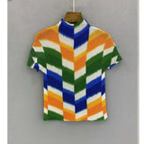 GVUW Printing Pleated T Shrit Woman Turtleneck Short Sleeve Pullover Elastic Slim Fit Tops High Street 2025 New Summer 17G1040