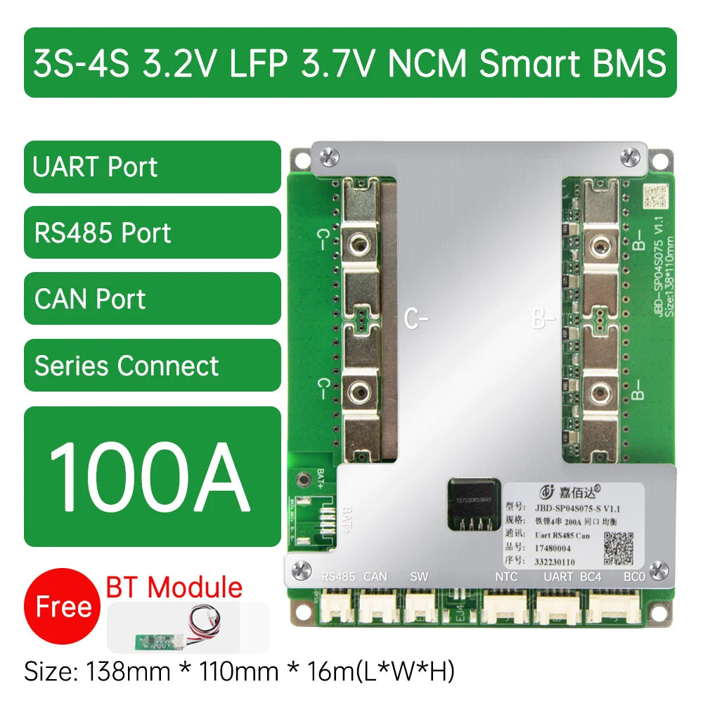 JBD 3S 4S 12V LiFePO4 Li-ion Smart BMS 50A 100A 150A 200A Series Connection With UART 485 CAN Bluetooth