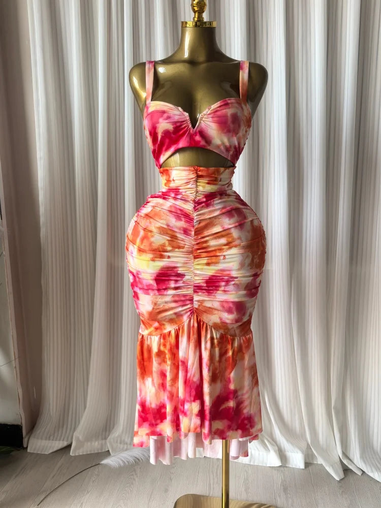 CM.YAYA 2026 Women's Tropical Floral Print Cutout Ruched Ruffle Midi Dress Summer Elegant Birthday Party Club Cocktail Dresses