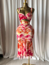 CM.YAYA 2026 Women's Tropical Floral Print Cutout Ruched Ruffle Midi Dress Summer Elegant Birthday Party Club Cocktail Dresses