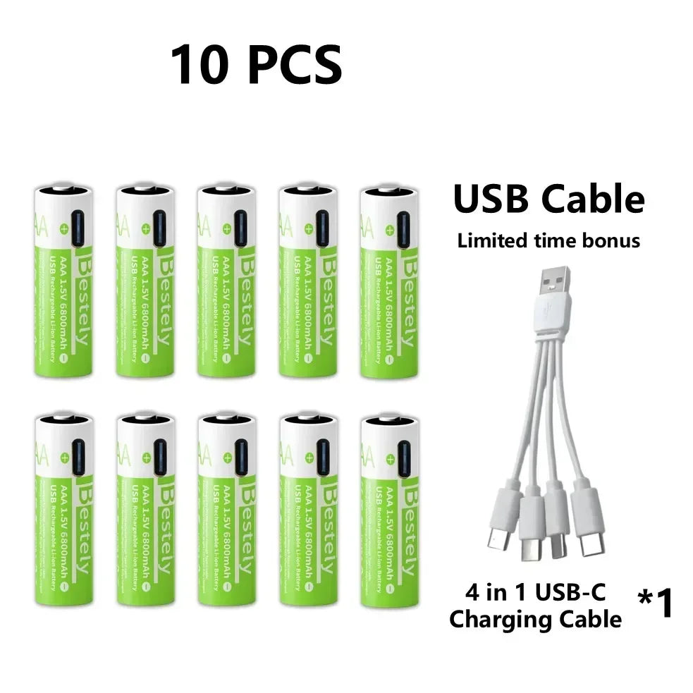 2025 Pro 1.5V AAA 6800mAh Rechargeable Battery, Type-C Fast Charging Li-ion Batteries, 2000 Cycles LED Indicator with Free Cable
